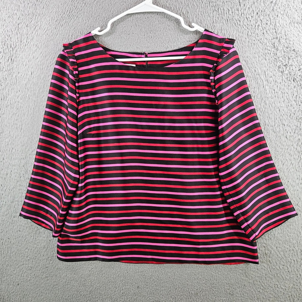RSVP by Talbots Womens 10P Pink Red Striped Ruffle Shoulder 3/4 Sleeve Blouse